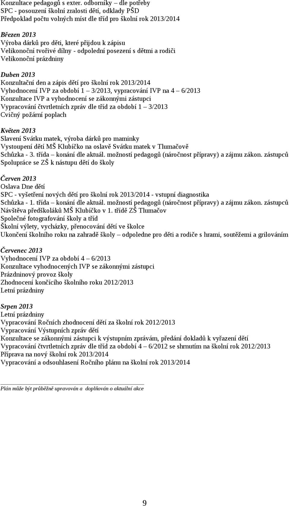 Velikonoční tvořivé dílny - odpolední posezení s dětmi a rodiči Velikonoční prázdniny Duben 2013 Konzultační den a zápis dětí pro školní rok 2013/2014 Vyhodnocení IVP za období 1 3/2013, vypracování