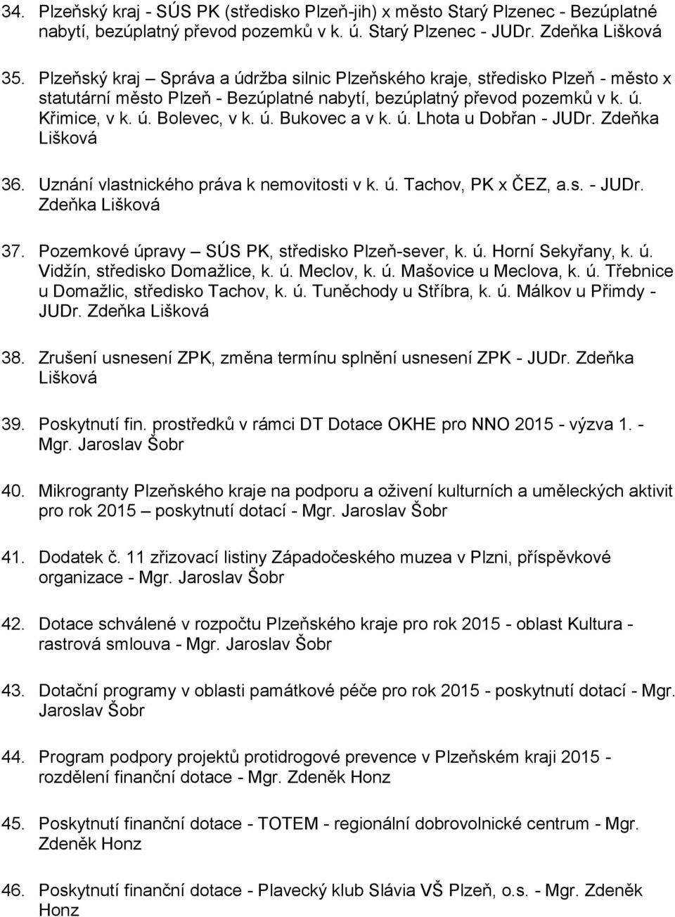 ú. Lhota u Dobřan - JUDr. Zdeňka Lišková 36. Uznání vlastnického práva k nemovitosti v k. ú. Tachov, PK x ČEZ, a.s. - JUDr. Zdeňka Lišková 37. Pozemkové úpravy SÚS PK, středisko Plzeň-sever, k. ú. Horní Sekyřany, k.