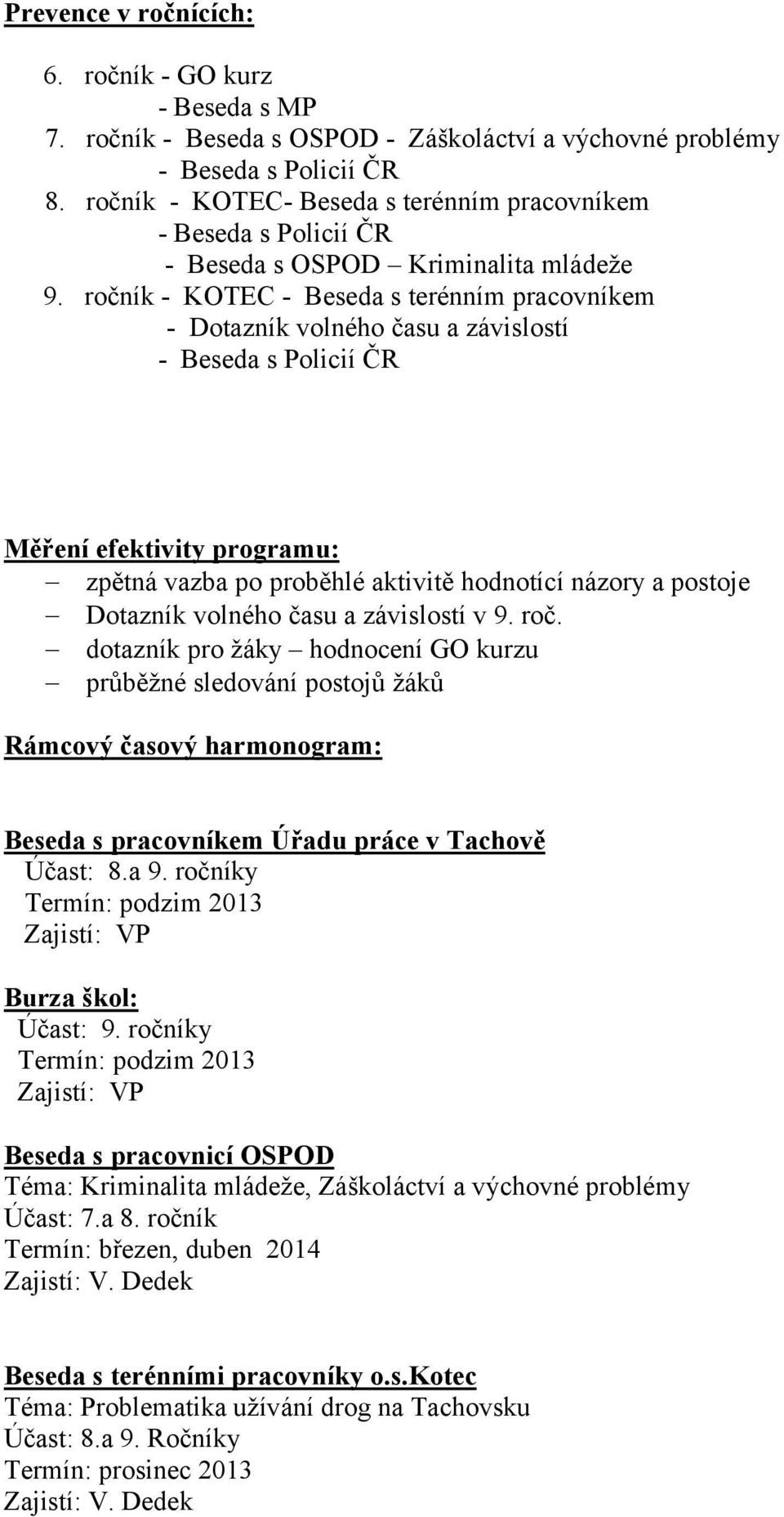 ročník - KOTEC - Beseda s terénním pracovníkem - Dotazník volného času a závislostí - Beseda s Policií ČR Měření efektivity programu: zpětná vazba po proběhlé aktivitě hodnotící názory a postoje