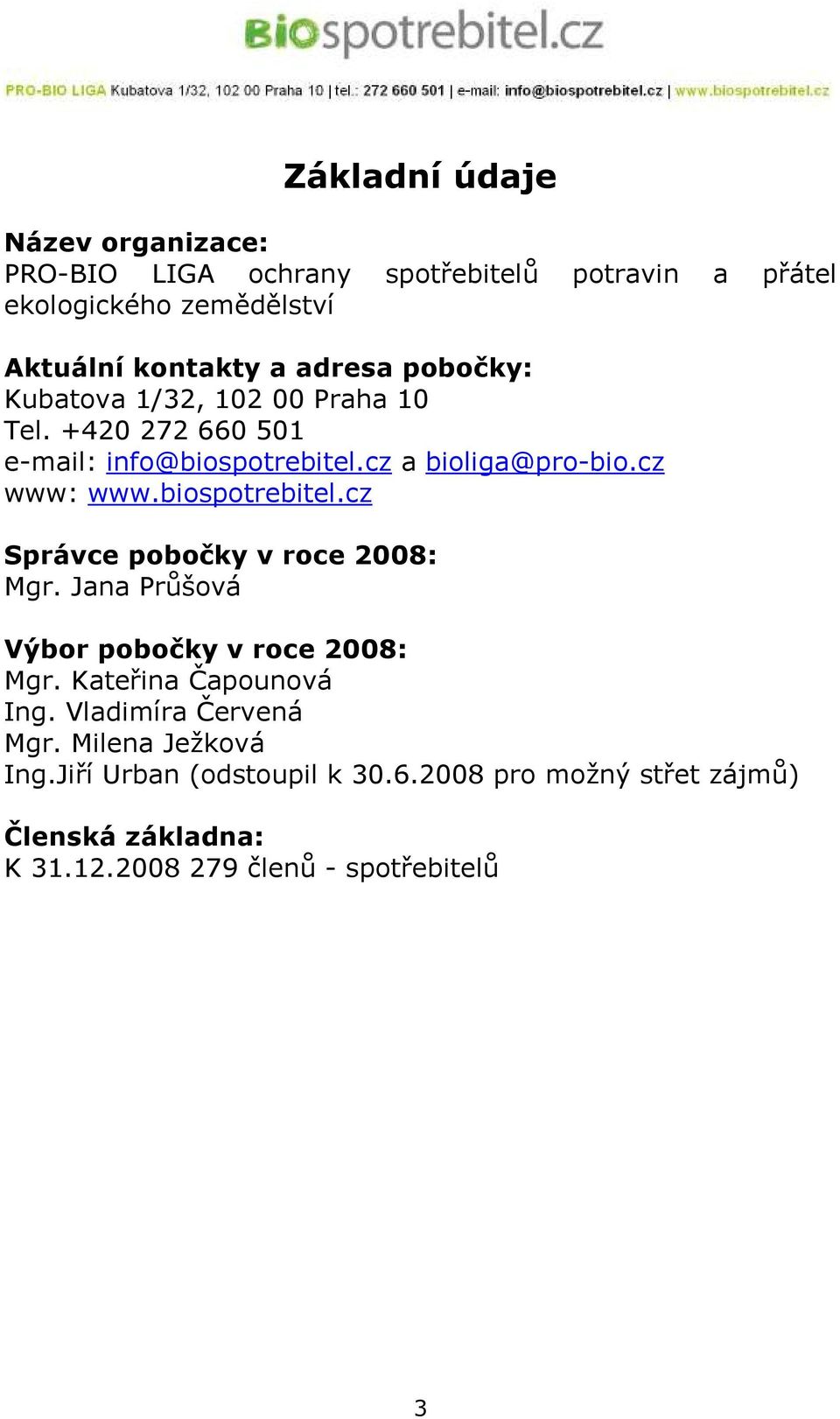 biospotrebitel.cz Správce pobočky v roce 2008: Mgr. Jana Průšová Výbor pobočky v roce 2008: Mgr. Kateřina Čapounová Ing.