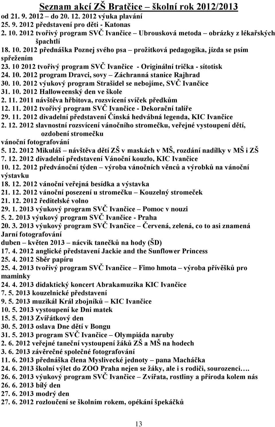 10 2012 tvořivý program SVČ Ivančice - Originální trička - sítotisk 24. 10. 2012 program Dravci, sovy Záchranná stanice Rajhrad 30. 10. 2012 výukový program Strašidel se nebojíme, SVČ Ivančice 31. 10. 2012 Halloweenský den ve škole 2.