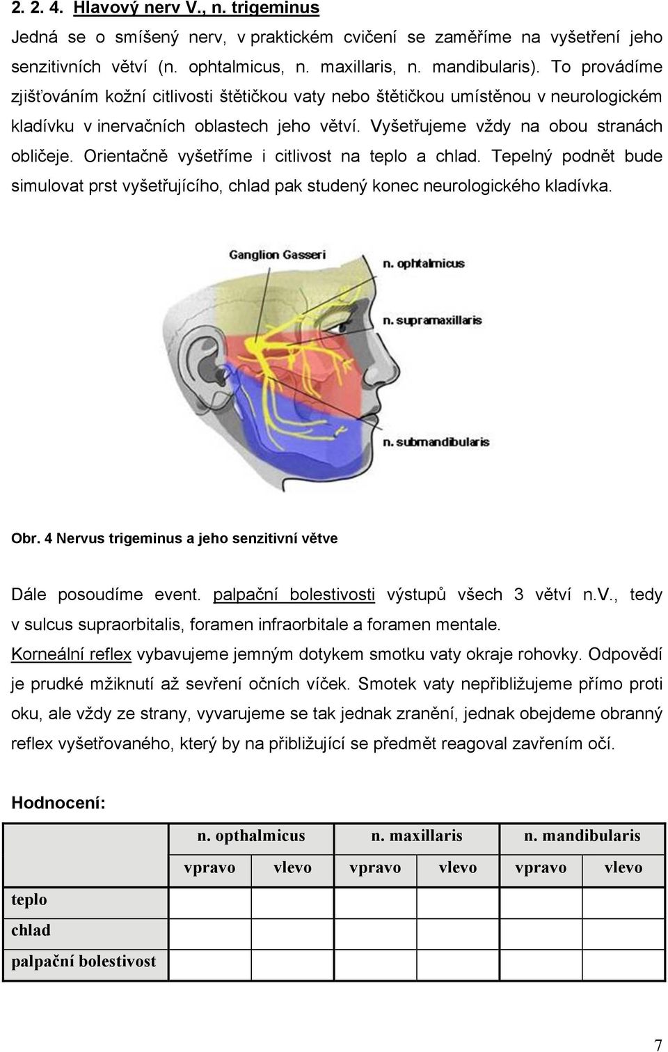 Orientačně vyšetříme i citlivost na teplo a chlad. Tepelný podnět bude simulovat prst vyšetřujícího, chlad pak studený konec neurologického kladívka. Obr.