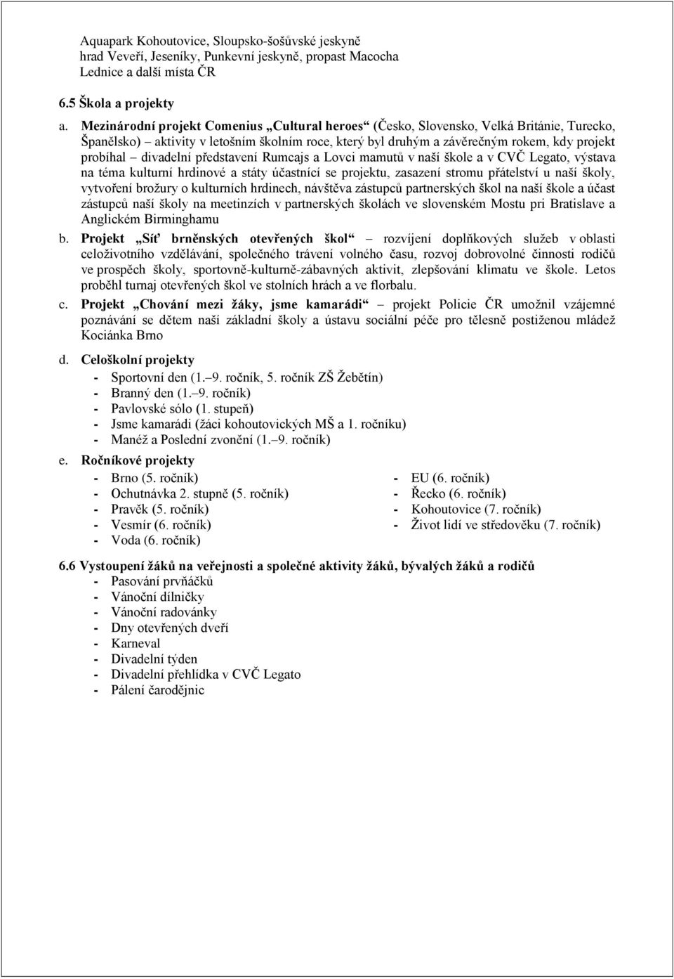 divadelní představení Rumcajs a Lovci mamutů v naší škole a v CVČ Legato, výstava na téma kulturní hrdinové a státy účastnící se projektu, zasazení stromu přátelství u naší školy, vytvoření brožury o