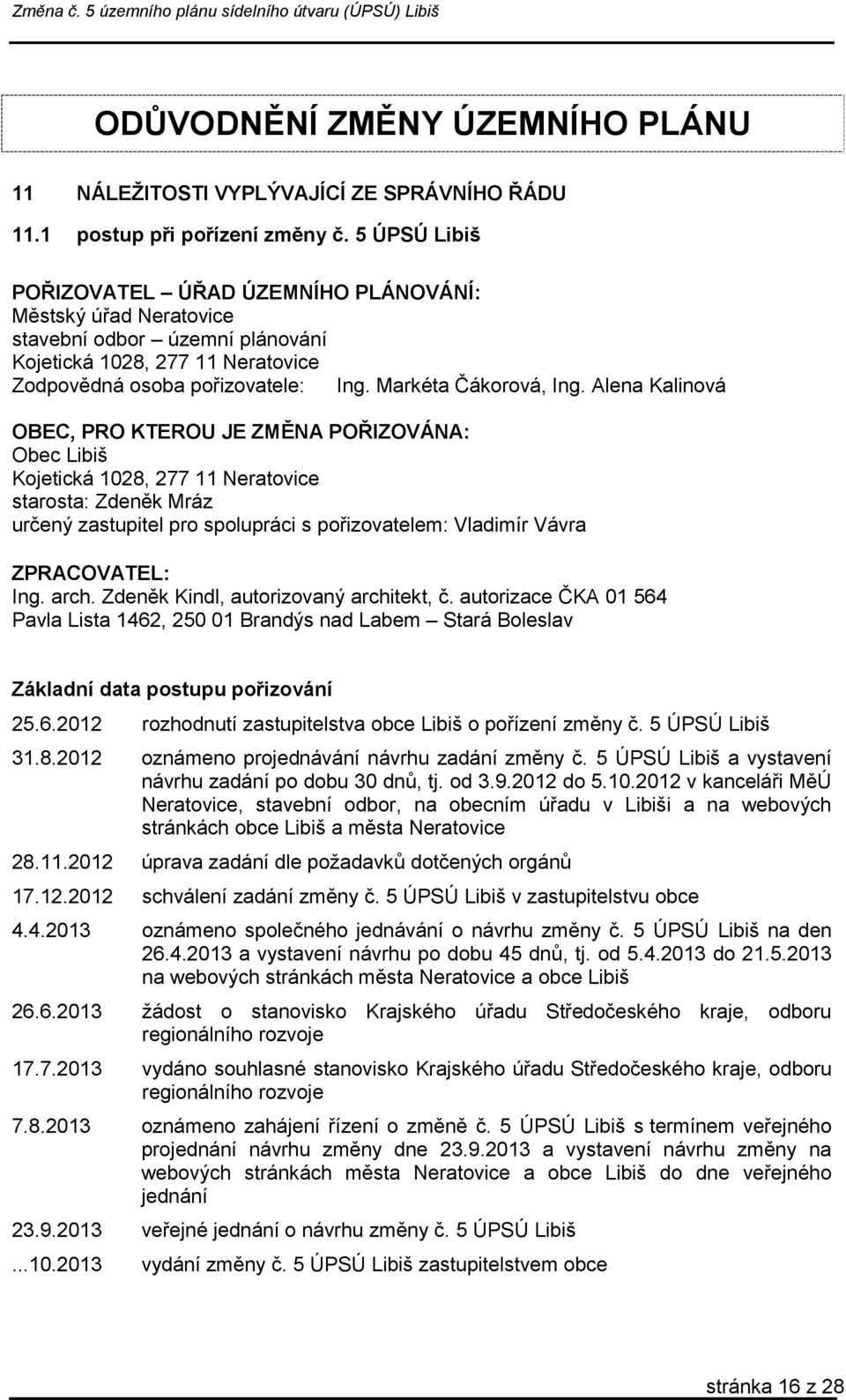 Alena Kalinová OBEC, PRO KTEROU JE ZMĚNA POŘIZOVÁNA: Obec Libiš Kojetická 1028, 277 11 Neratovice starosta: Zdeněk Mráz určený zastupitel pro spolupráci s pořizovatelem: Vladimír Vávra ZPRACOVATEL: