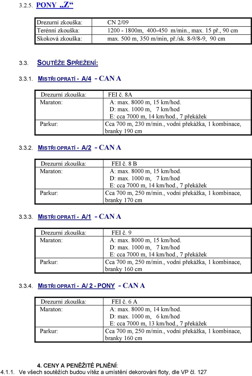 8 B branky 170 cm 3.3.3. MISTŘI OPRATÍ - A/1 - CAN A FEI č. 9 branky 160 cm 3.3.4. MISTŘI OPRATÍ - A/ 2 - PONY - CAN A FEI č. 6 A A: max. 8000 m, 14 km/hod. D: max.