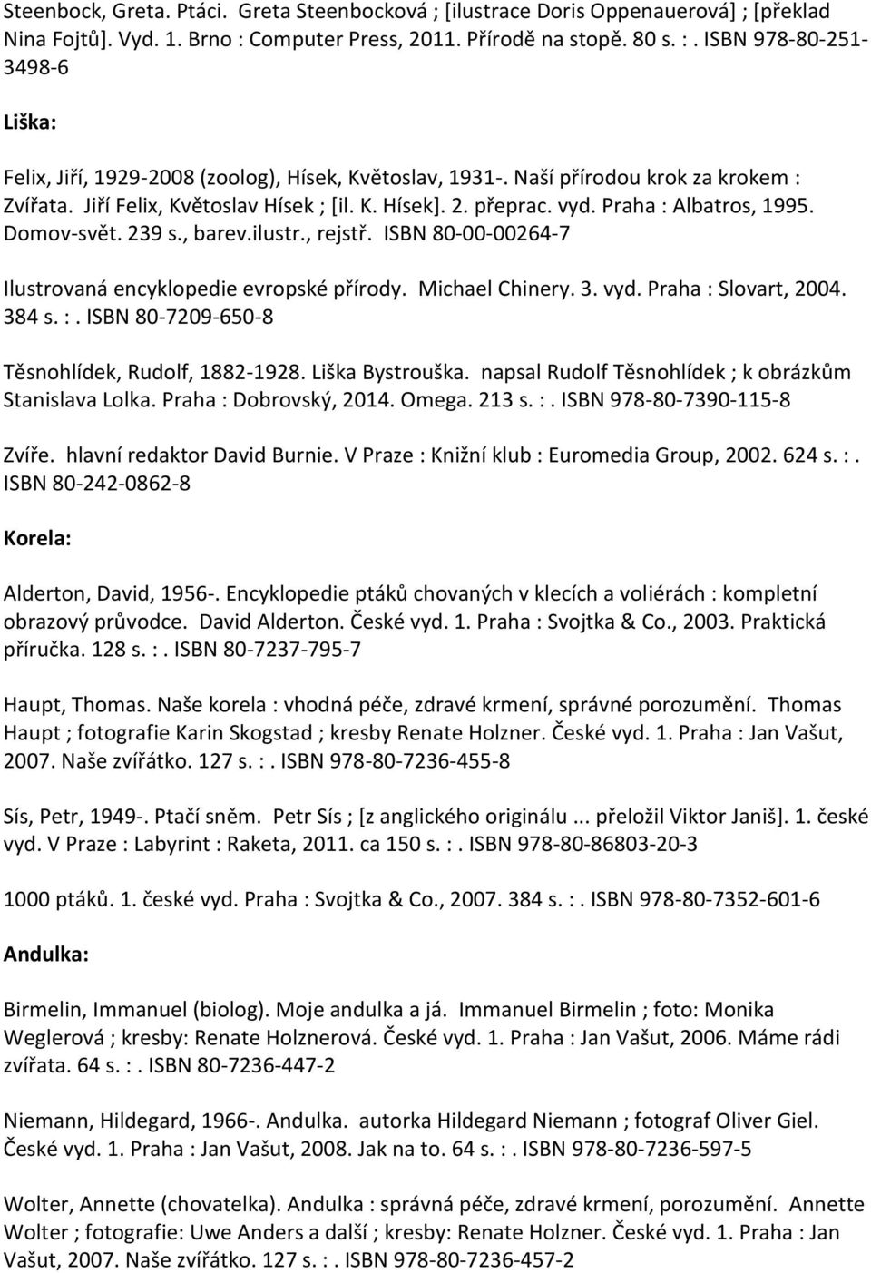 Jiří Felix, Květoslav Hísek ; [il. K. Hísek]. 2. přeprac. vyd. Praha : Albatros, 1995. Domov-svět. 239 s., barev.ilustr., rejstř. ISBN 80-00-00264-7 Ilustrovaná encyklopedie evropské přírody.