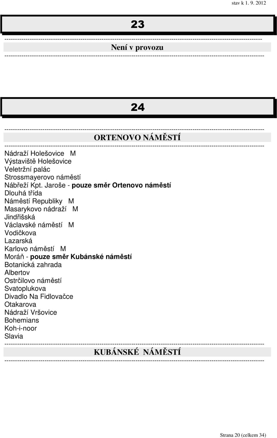 Jaroše - pouze směr Ortenovo náměstí Dlouhá třída Náměstí Republiky M Masarykovo nádraží M Jindřišská Václavské náměstí M Vodičkova Lazarská Karlovo náměstí