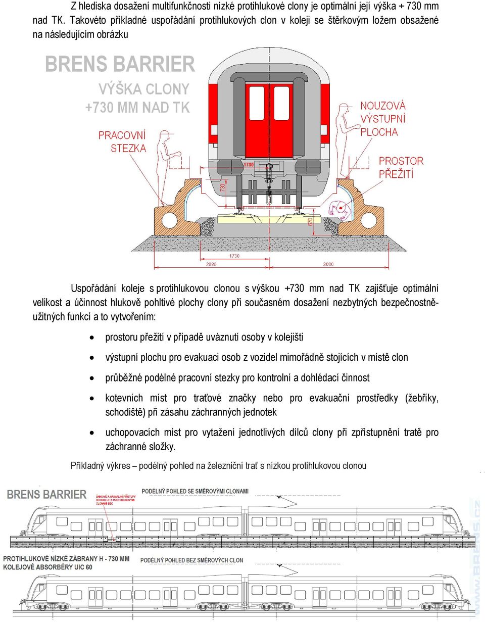 velikost a účinnost hlukově pohltivé plochy clony při současném dosažení nezbytných bezpečnostněužitných funkcí a to vytvořením: prostoru přežití v případě uváznutí osoby v kolejišti výstupní plochu