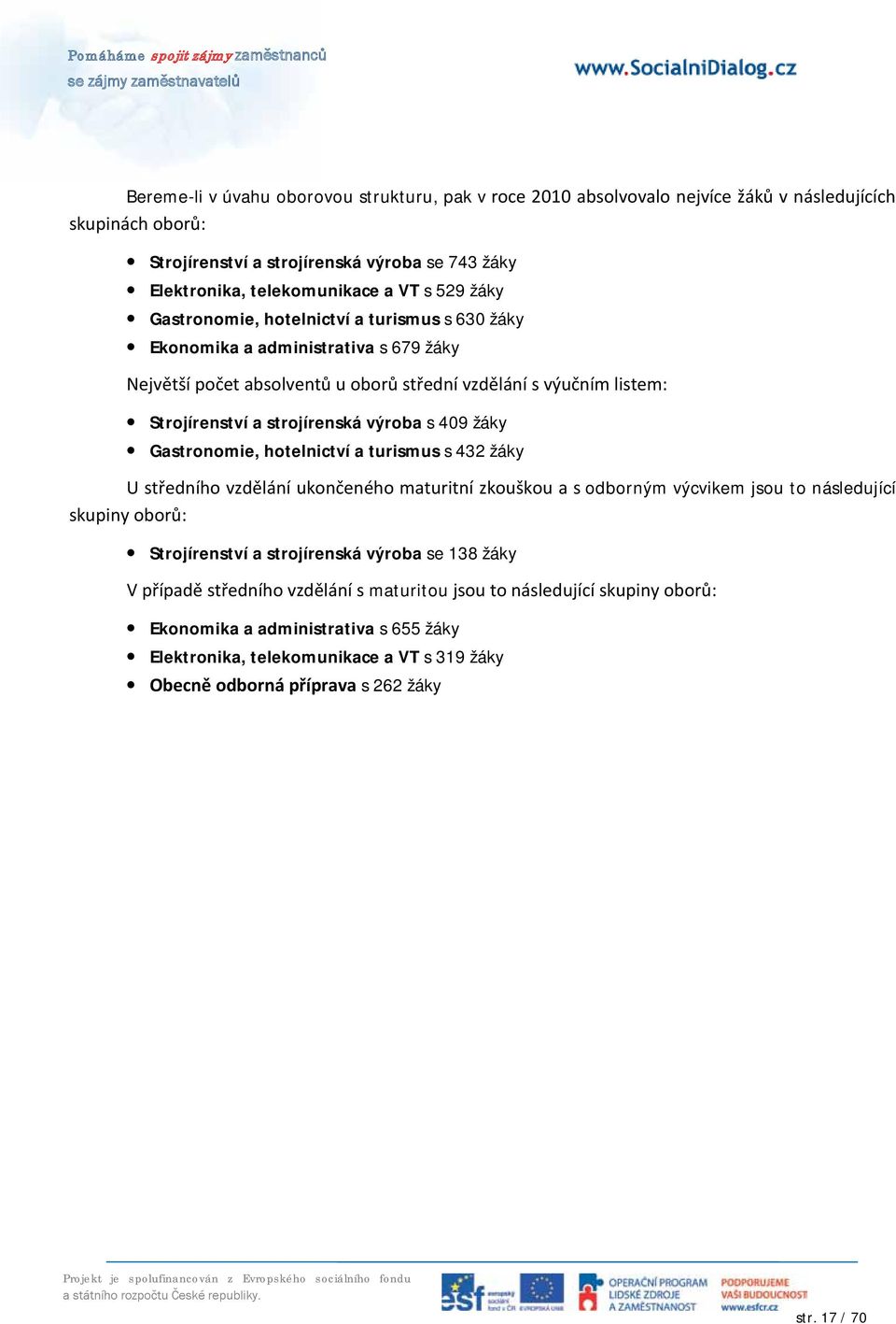 409 žáky Gastronomie, hotelnictví a turismus s 432 žáky U středního vzdělání ukončeného maturitní zkouškou a s odborným výcvikem jsou to následující skupiny oborů: Strojírenství a strojírenská výroba