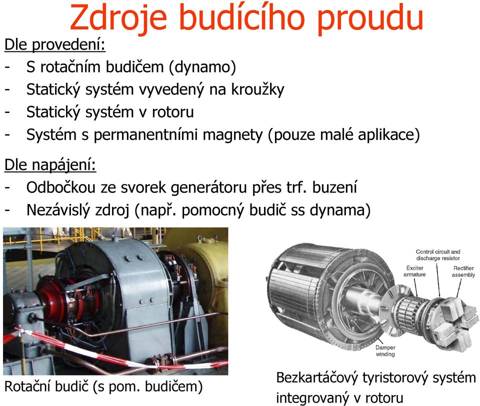 Dle napájení: - Odbočkou ze svorek generátoru přes trf. buzení - Nezávislý zdroj (např.