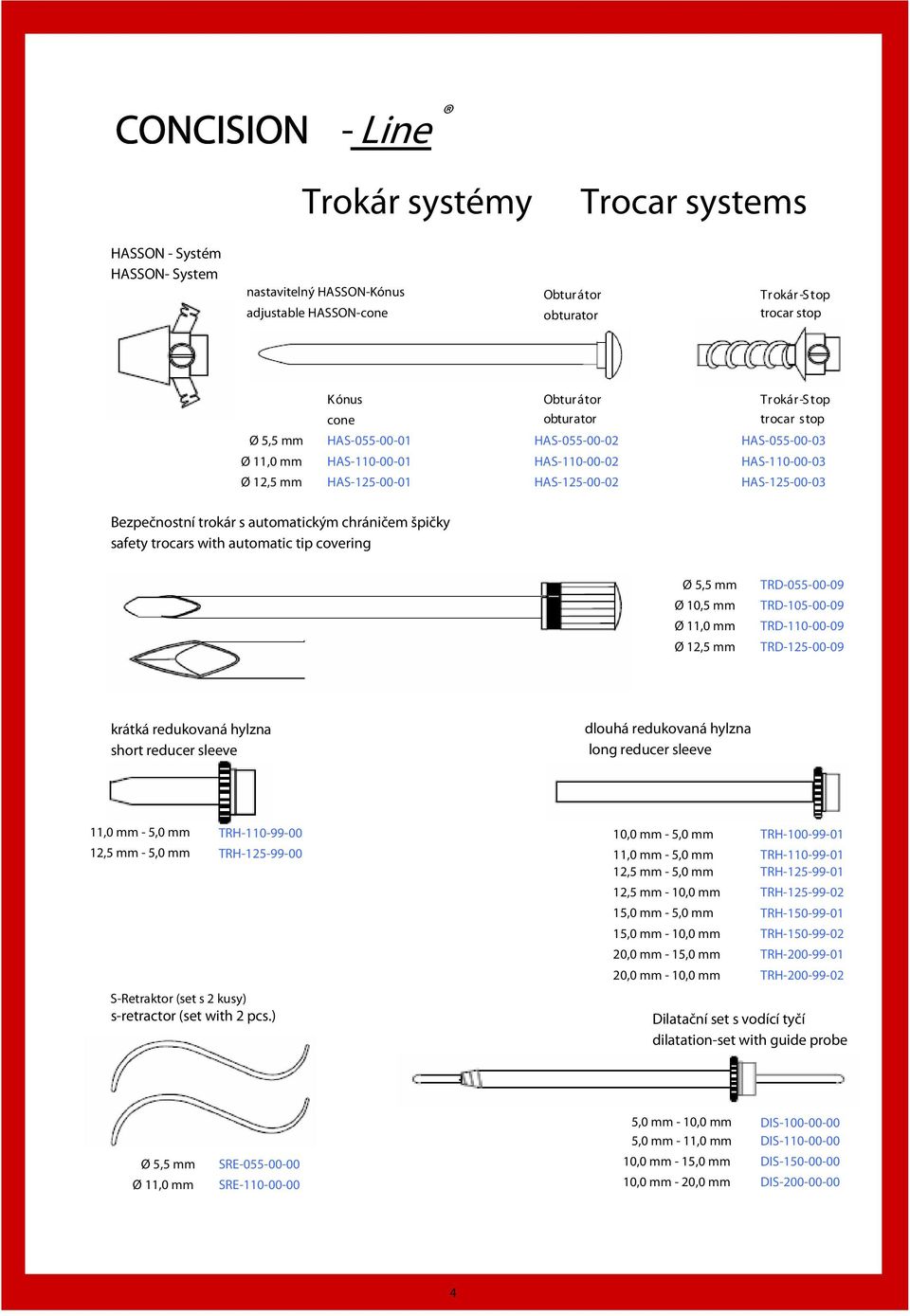 automatickým chráničem špičky safety trocars with automatic tip covering Ø 5,5 mm Ø 10,5 mm Ø 11,0 mm Ø 12,5 mm TR-055-00-09 TR-105-00-09 TR-110-00-09 TR-125-00-09 krátká redukovaná hylzna short