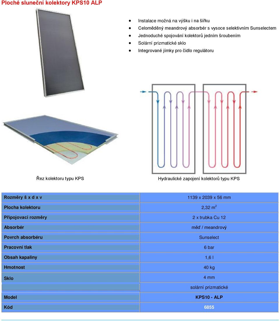 kolektorů typu KPS Rozměry š x d x v 1139 x 2039 x 56 mm Plocha kolektoru 2,32 m 2 Připojovací rozměry 2 x trubka Cu 12 Absorbér