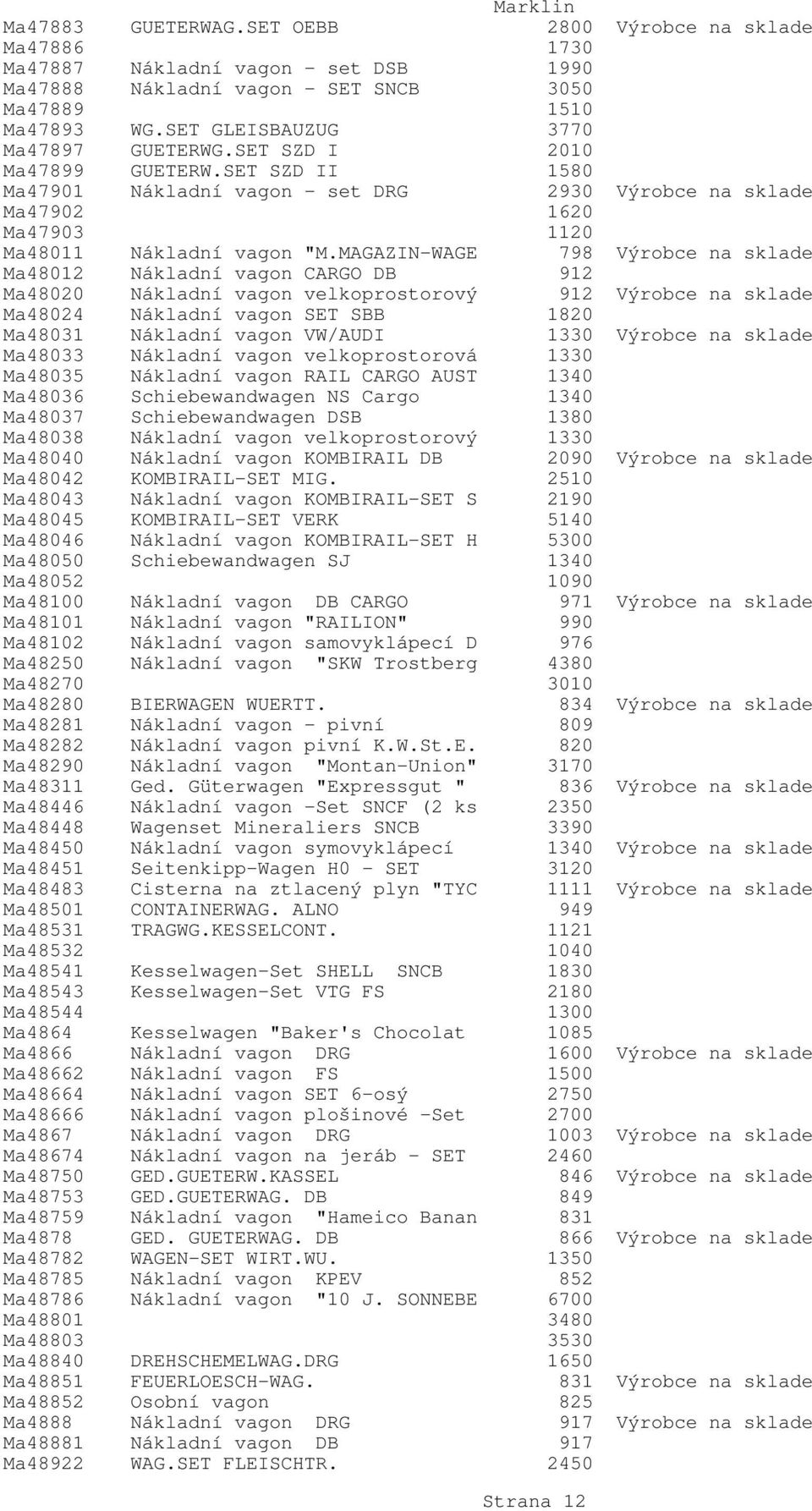MAGAZIN-WAGE 798 Výrobce na sklade Ma48012 Nákladní vagon CARGO DB 912 Ma48020 Nákladní vagon velkoprostorový 912 Výrobce na sklade Ma48024 Nákladní vagon SET SBB 1820 Ma48031 Nákladní vagon VW/AUDI