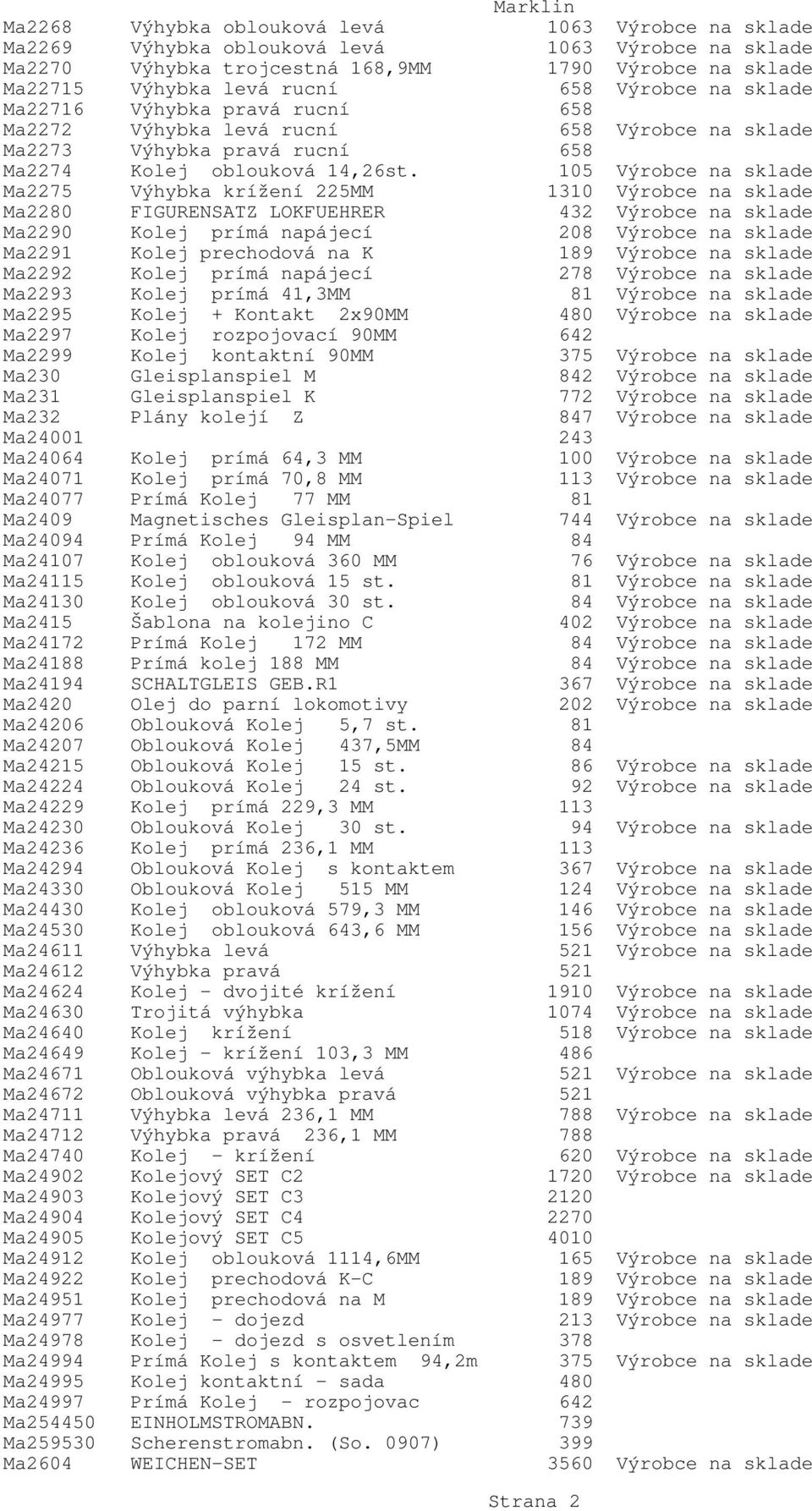 105 Výrobce na sklade Ma2275 Výhybka krížení 225MM 1310 Výrobce na sklade Ma2280 FIGURENSATZ LOKFUEHRER 432 Výrobce na sklade Ma2290 Kolej prímá napájecí 208 Výrobce na sklade Ma2291 Kolej prechodová