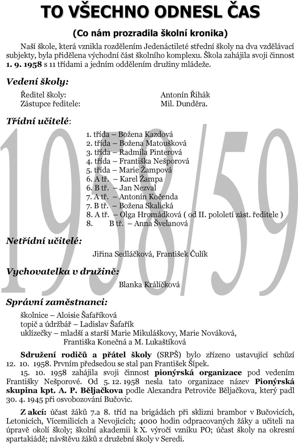 třída Františka Nešporová 5. třída Marie Žampová 6. A tř. Karel Žampa 6. B tř. Jan Nezval 7. A tř. Antonín Kočenda 7. B tř. Božena Skalická 8. A tř. Olga Hromádková ( od II. pololetí zást.