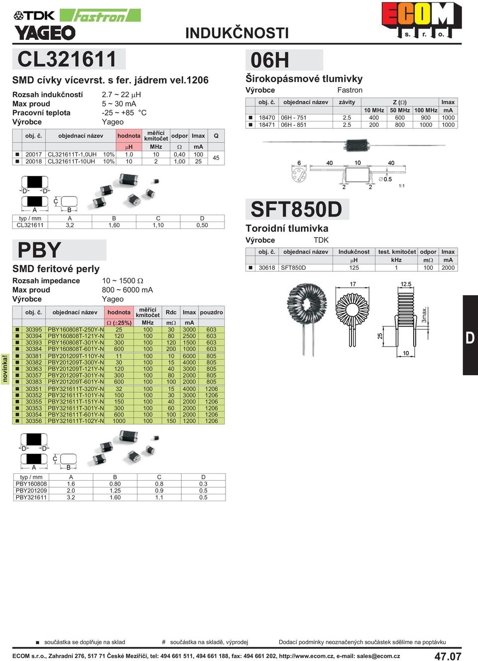 5 200 800 0 0 typ/mm A B C CL321611 3,2 1,60 1,10 0,50 PBY SM feritové perly Rozsah impedance 10 ~ 1500 800 ~ 6000 ma Rdc Imax pouzdro ( %) MHz m ma 30395 PBY160808T-0Y-N 30 3000 603 30394