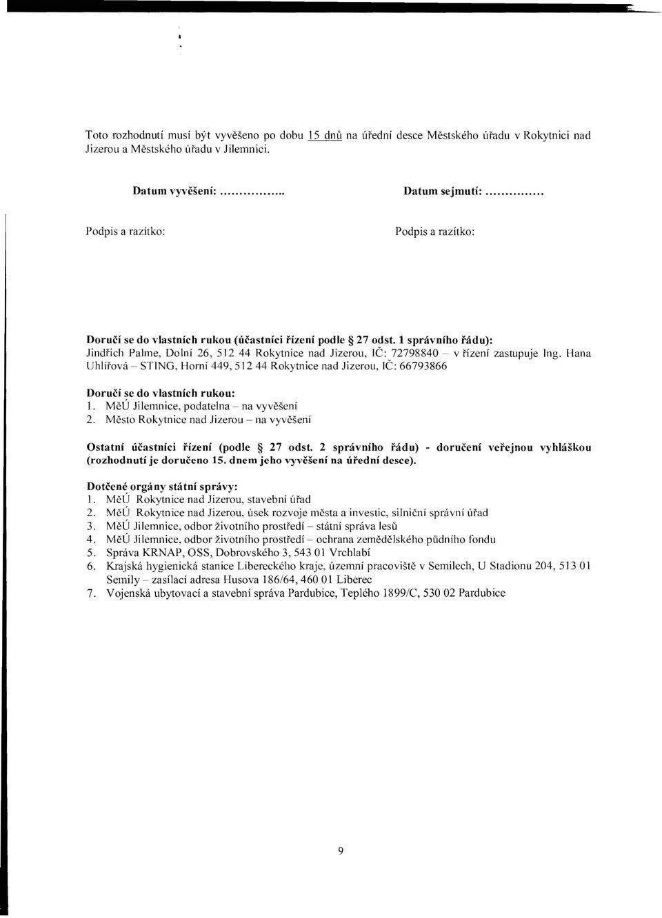 1 správního řádu): Jindřich Palme, Dolní 26, 512 44 Rokytnice nad Jizerou, IČ: 72798840 - v řízení zastupuje Uhlířová - STING, Horní 449, 512 44 Rokytnice nad Jizerou, IČ: 66793866 Ing.