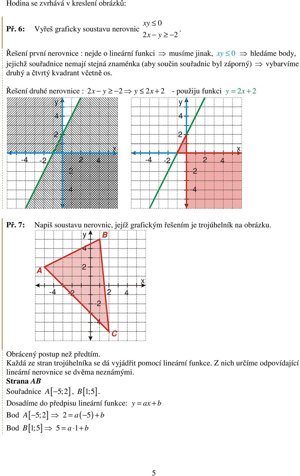 kvadrant včetně os. Řešení druhé nerovnice : + - použiju funkci = + - - - - - - - - Př. 7: Napiš soustavu nerovnic, jejíž grafickým řešením je trojúhelník na obrázku.