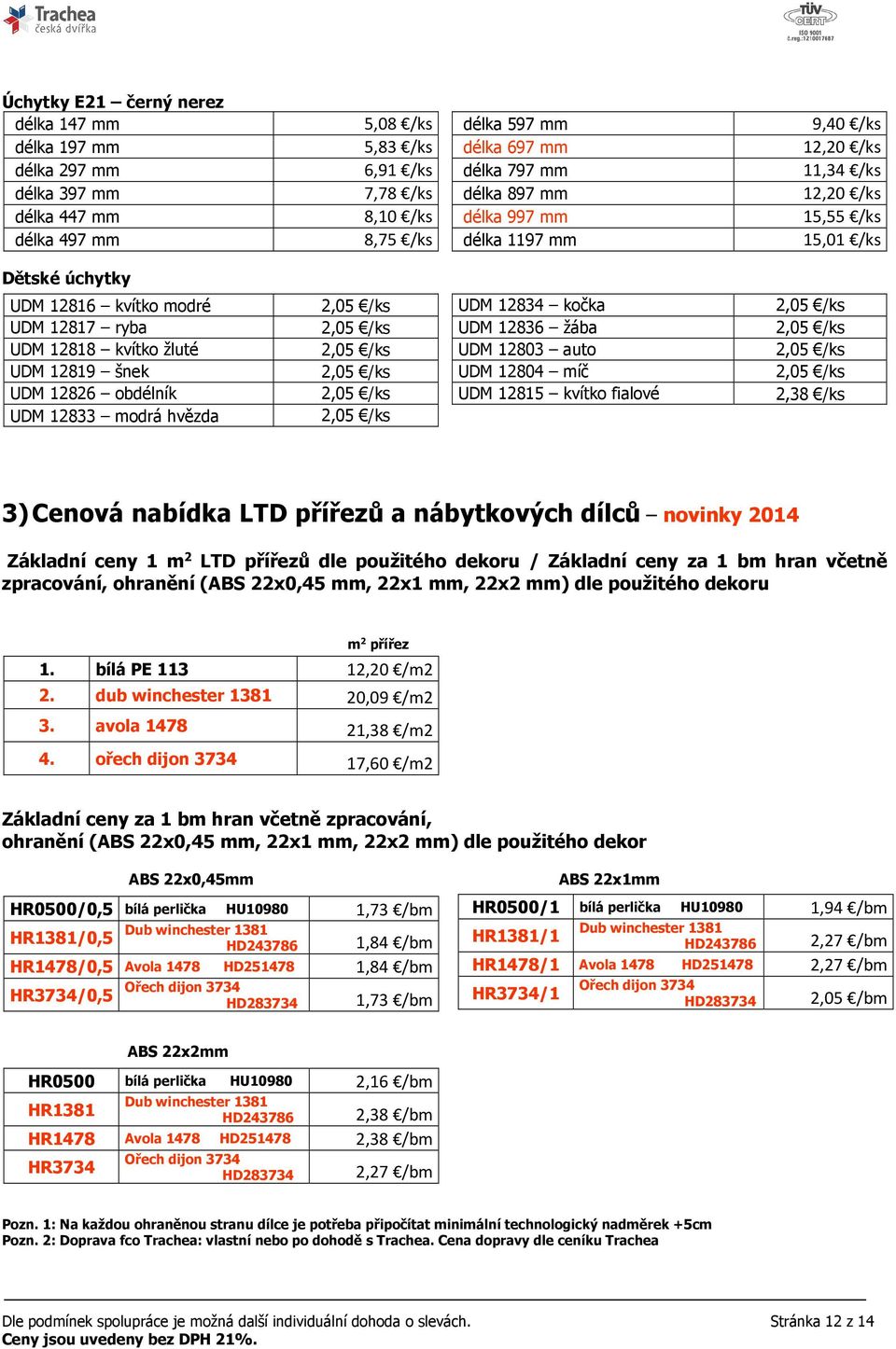 UDM 12804 míč UDM 12826 obdélník UDM 12815 kvítko fialové 2,38 /ks UDM 12833 modrá hvězda 3) Cenová nabídka LTD přířezů a nábytkových dílců novinky 2014 Základní ceny 1 m 2 LTD přířezů dle použitého