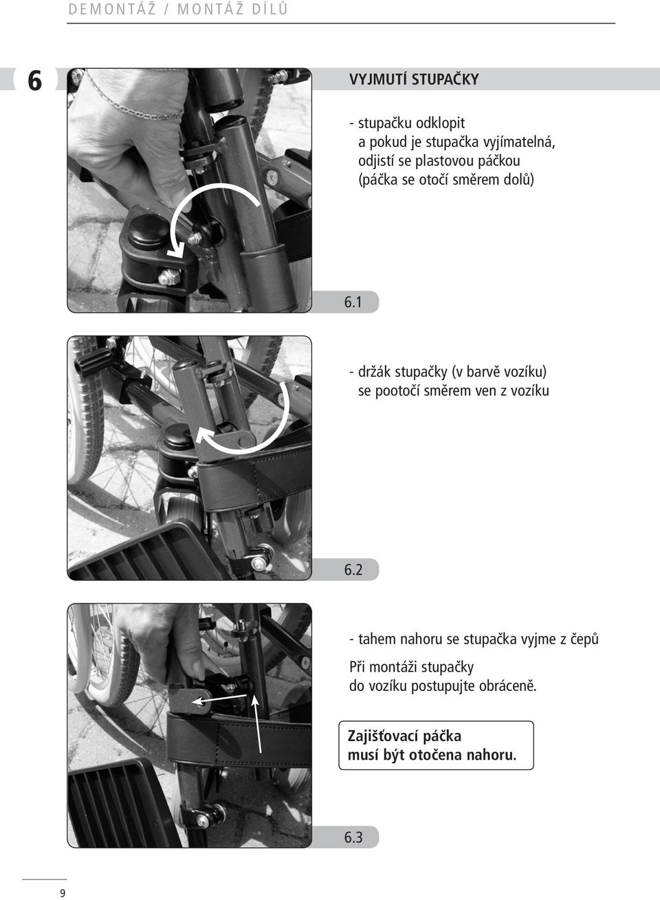 1 - držák stupačky (v barvě vozíku) se pootočí směrem ven z vozíku 6.