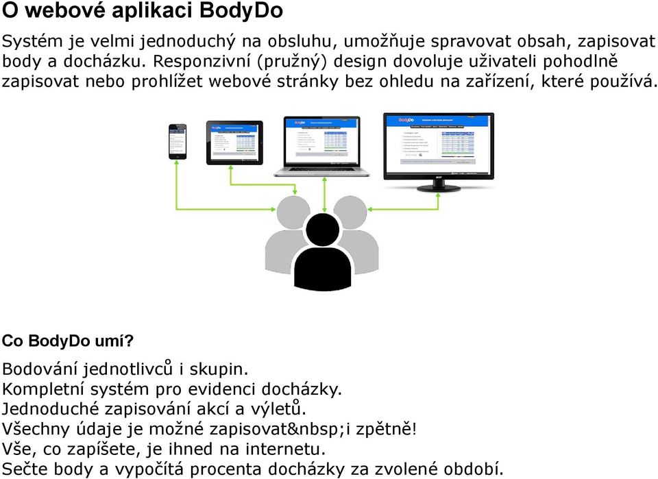 používá. Co BodyDo umí? Bodování jednotlivců i skupin. Kompletní systém pro evidenci docházky.