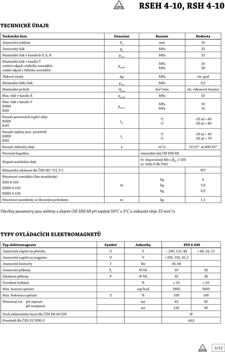 tlak v kanálu X p maxx MPa 32 Max. tlak v kanálu Y RSEH RSH Rozsah provozních teplot oleje RSEH RSH Rozsah teploty prac.