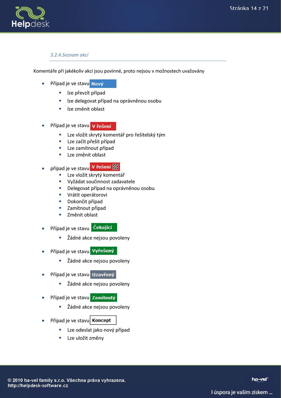 Seznam akcí Komentáře při jakékoliv akci jsou povinné, proto nejsou v možnostech uvažovány lze převzít případ lze delegovat případ na oprávněnou osobu lze