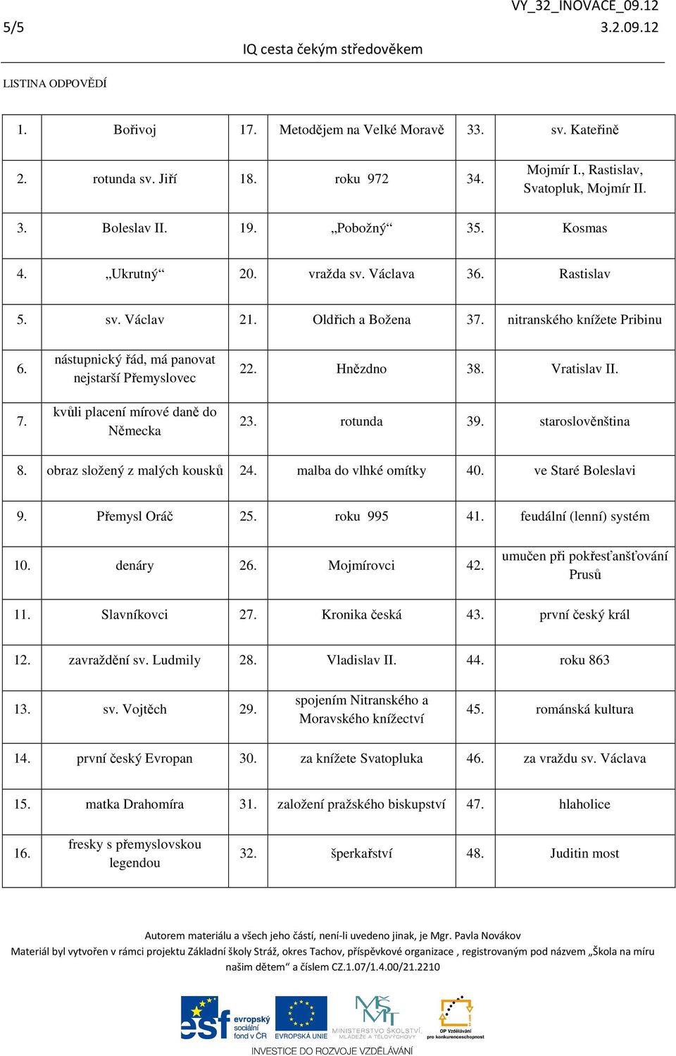 nástupnický řád, má panovat nejstarší Přemyslovec kvůli placení mírové daně do Německa 22. Hnězdno 38. Vratislav II. 23. rotunda 39. staroslověnština 8. obraz složený z malých kousků 24.