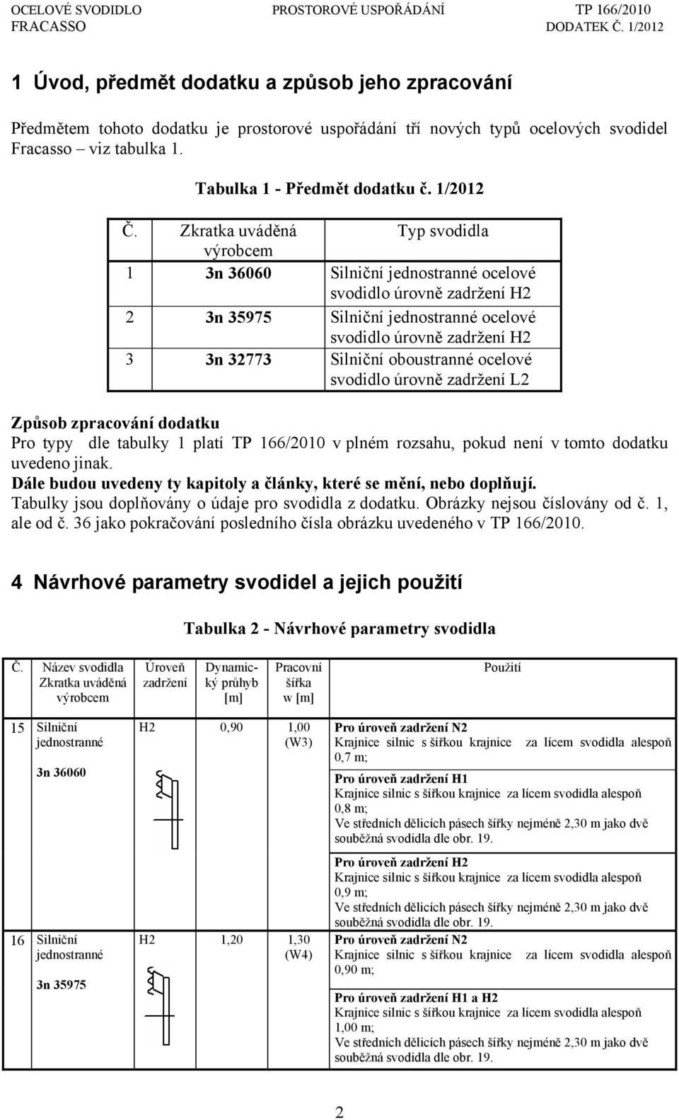 oboustranné ocelové svodidlo úrovně zadržení L2 Způsob zpracování dodatku Pro typy dle tabulky 1 platí TP 166/2010 v plném rozsahu, pokud není v tomto dodatku uvedeno jinak.