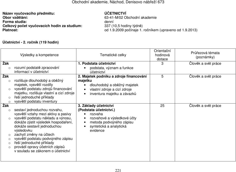 ročník (119 hodin) o rozumí podstatě zpracování informací v účetnictví o rozlišuje dlouhodobý a oběžný majetek, vysvětlí rozdíly o vysvětlí podstatu zdrojů financování majetku, rozlišuje vlastní a