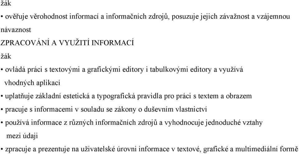 pravidla pro práci s textem a obrazem pracuje s informacemi v souladu se zákony o duševním vlastnictví pouţívá informace z různých