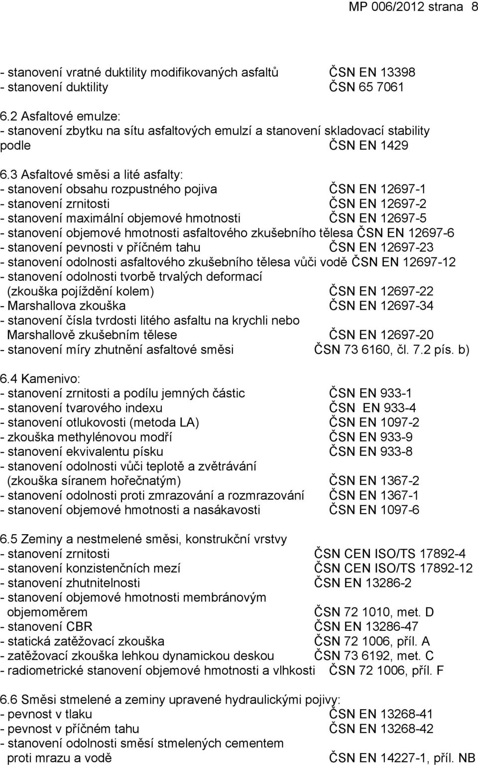 3 Afaltové měi a lité afalty: - tanovení obahu rozutného ojiva ČSN EN 697- - tanovení zrnitoti ČSN EN 697- - tanovení maximální objemové hmotnoti ČSN EN 697-5 - tanovení objemové hmotnoti afaltového