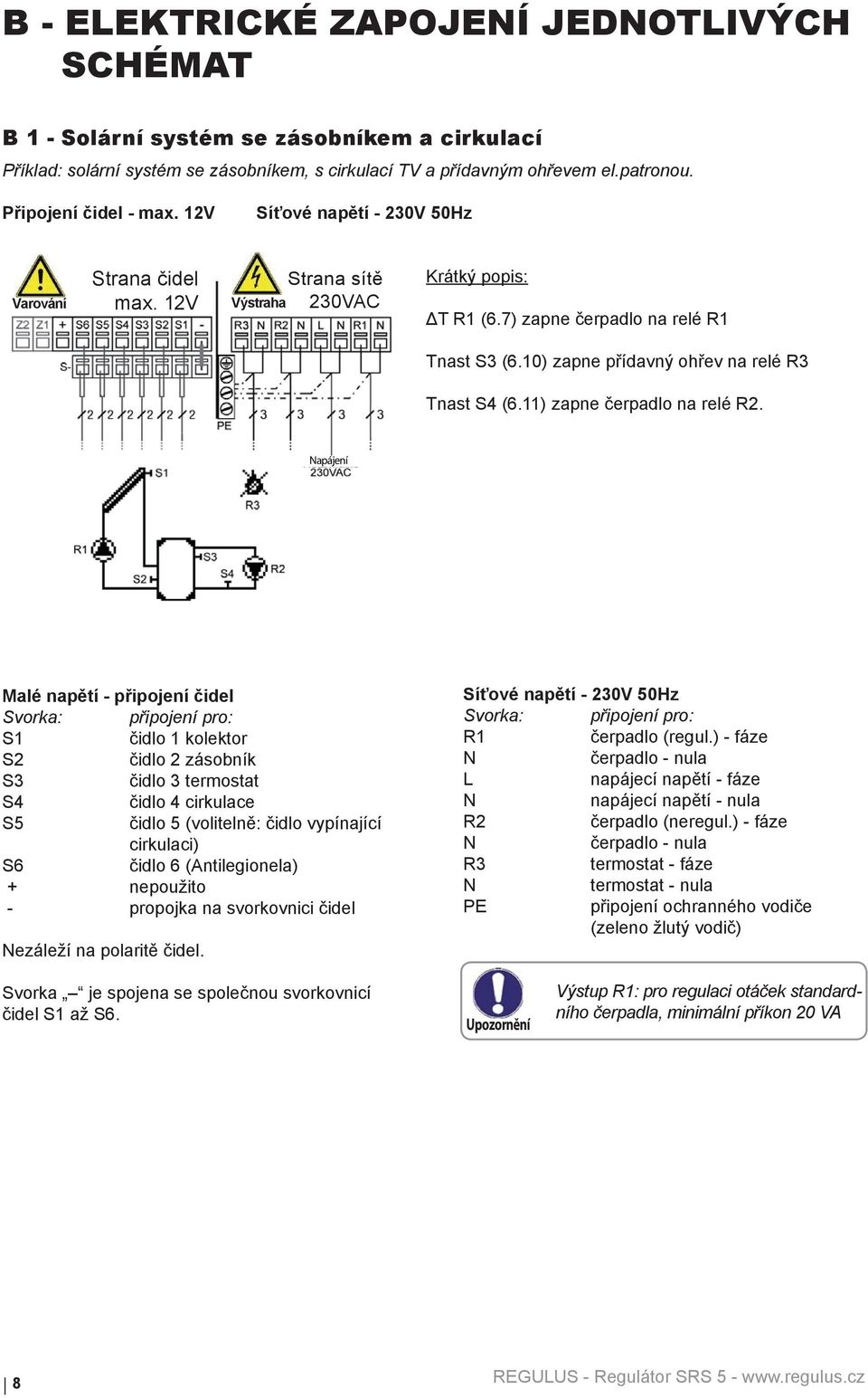 apájení Malé napětí - připojení čidel S1 čidlo 1 kolektor S2 čidlo 2 zásobník S3 čidlo 3 termostat S4 čidlo 4 cirkulace S5 čidlo 5 (volitelně: čidlo vypínající cirkulaci) S6 čidlo 6 (Antilegionela) +