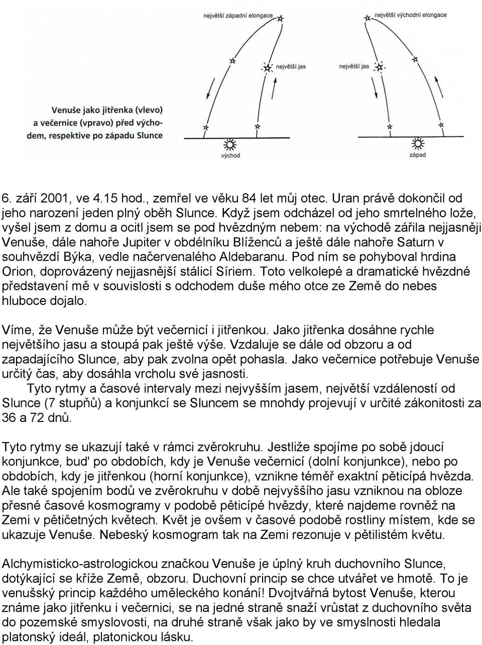 Saturn v souhvězdí Býka, vedle načervenalého Aldebaranu. Pod ním se pohyboval hrdina Orion, doprovázený nejjasnější stálicí Síriem.