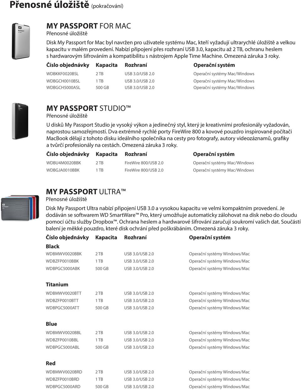 0/USB 2.0 Operační systémy Mac/Windows WDBGCH0010BSL 1 TB USB 3.0/USB 2.0 Operační systémy Mac/Windows WDBGCH5000ASL 500 GB USB 3.0/USB 2.0 Operační systémy Mac/Windows My Passport Studio U disků My Passport Studio je vysoký výkon a jedinečný styl, který je kreativními profesionály vyžadován, naprostou samozřejmostí.