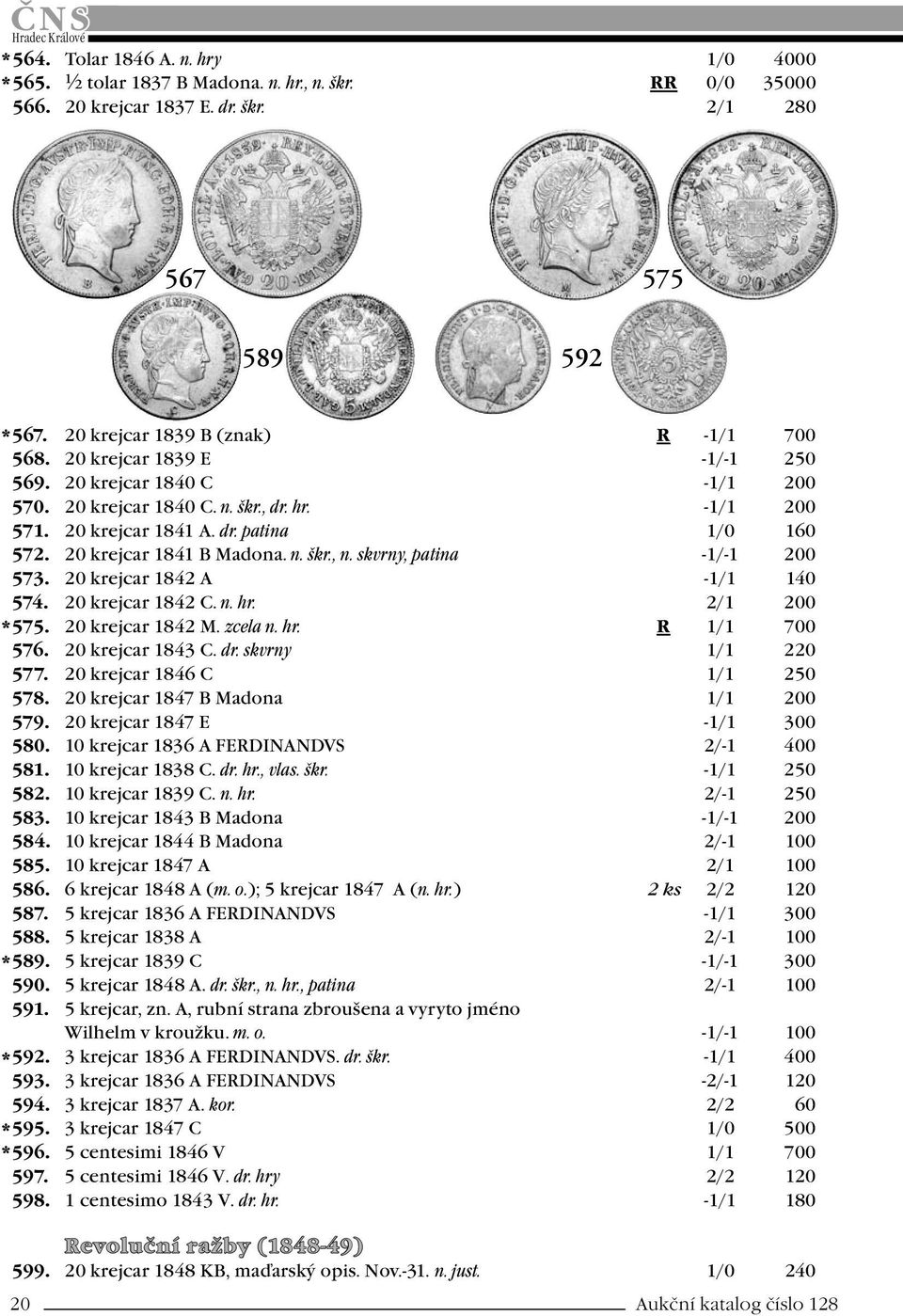 skvrny, patina -1/-1 200 573. 20 krejcar 1842 A -1/1 140 574. 20 krejcar 1842 C. n. hr. 2/1 200 * 575. 20 krejcar 1842 M. zcela n. hr. R 1/1 700 576. 20 krejcar 1843 C. dr. skvrny 1/1 220 577.