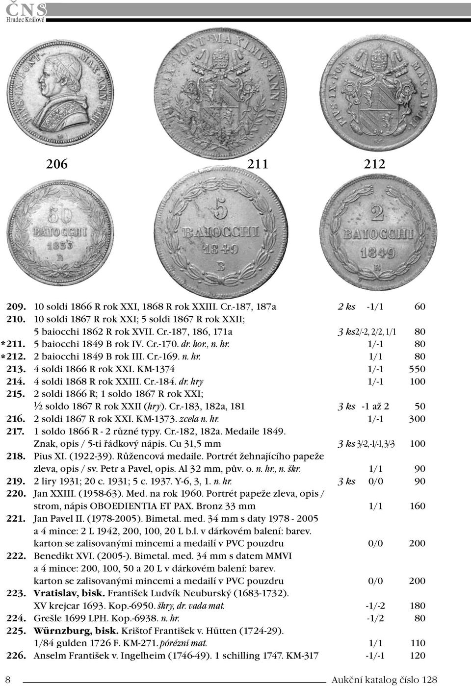 dr. hry 1/-1 100 215. 2 soldi 1866 R; 1 soldo 1867 R rok XXI; ½ soldo 1867 R rok XXII (hry). Cr.-183, 182a, 181 3 ks -1 až 2 50 216. 2 soldi 1867 R rok XXI. KM-1373. zcela n. hr. 1/-1 300 217.