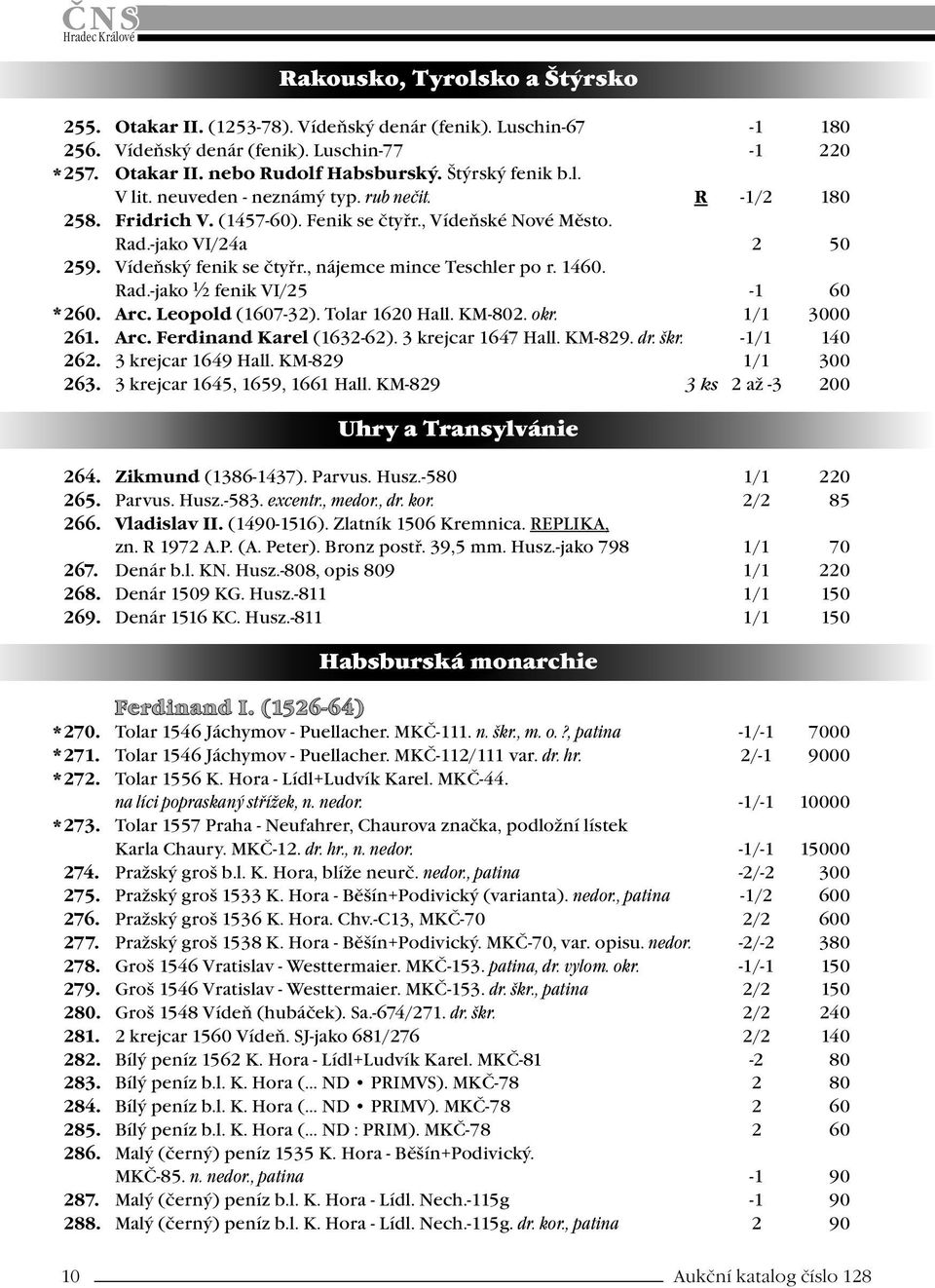 , nájemce mince Teschler po r. 1460. Rad.-jako ½ fenik VI/25-1 60 * 260. Arc. Leopold (1607-32). Tolar 1620 Hall. KM-802. okr. 1/1 3000 261. Arc. Ferdinand Karel (1632-62). 3 krejcar 1647 Hall.
