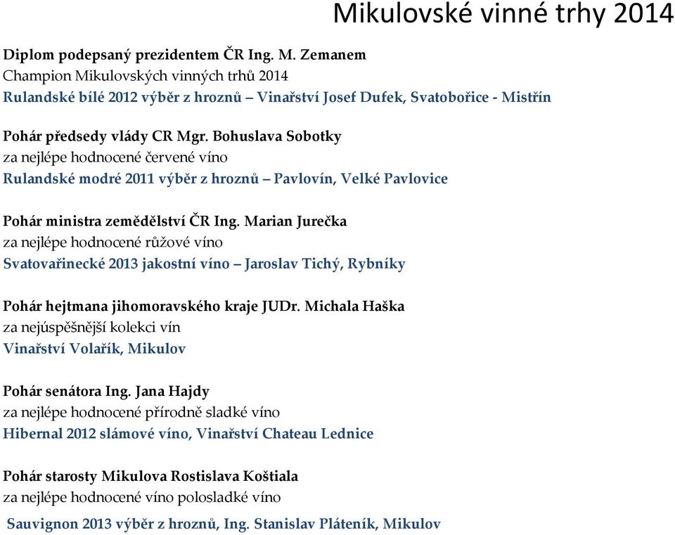 Bohuslava Sobotky za nejlépe hodnocené červené víno Rulandské modré 2011 výběr z hroznů Pavlovín, Velké Pavlovice Pohár ministra zemědělství ČR Ing.