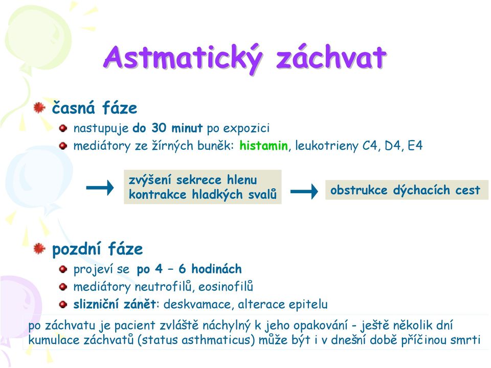 mediátory neutrofilů, eosinofilů slizniční zánět: deskvamace, alterace epitelu po záchvatu je pacient zvláště