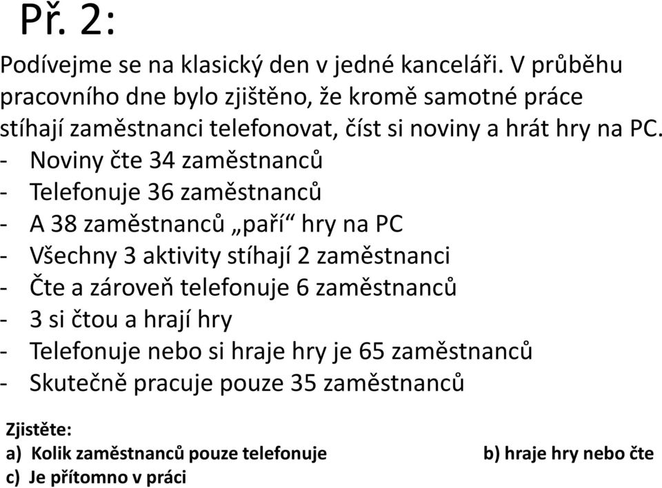 - Noviny čte 34 změstnnů - Telefonuje 36 změstnnů - A 38 změstnnů pří hry n PC - Všehny 3 ktivity stíhjí 2 změstnni - Čte