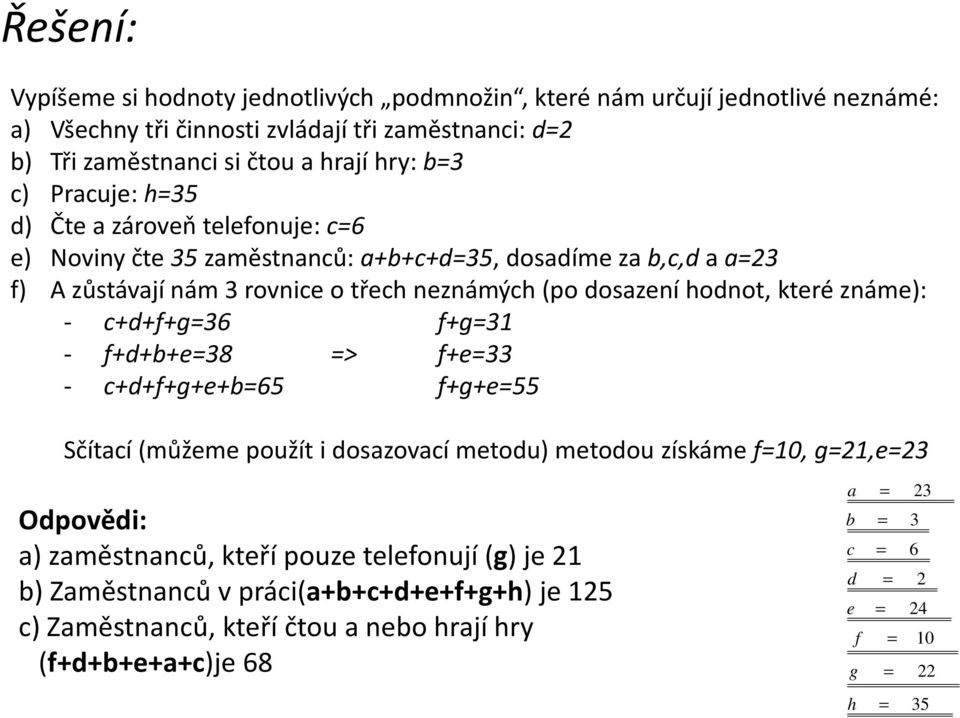 (po doszení hodnot, které známe): - dfg36 fg31 - fde38 > fe33 - dfge65 fge55 Sčítí (můžeme použít i doszoví metodu) metodou získáme f10, g21,e23