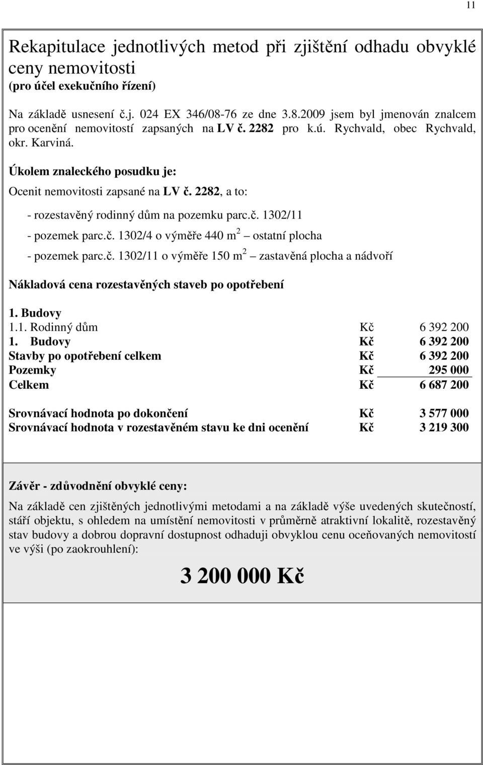 Úkolem znaleckého posudku je: Ocenit nemovitosti zapsané na LV č. 2282, a to: - rozestavěný rodinný dům na pozemku parc.č. 1302/11 - pozemek parc.č. 1302/4 o výměře 440 m 2 ostatní plocha - pozemek parc.