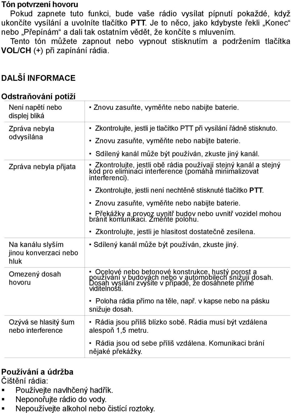 Tento tón můžete zapnout nebo vypnout stisknutím a podržením tlačítka VOL/CH (+) při zapínání rádia.