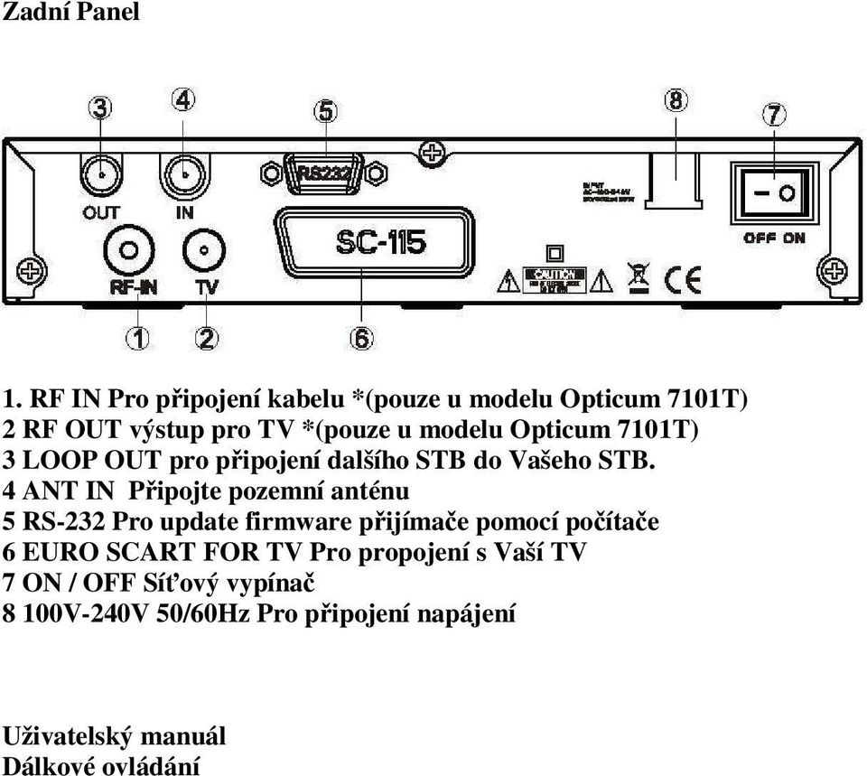 Opticum 7101T) 3 LOOP OUT pro připojení dalšího STB do Vašeho STB.