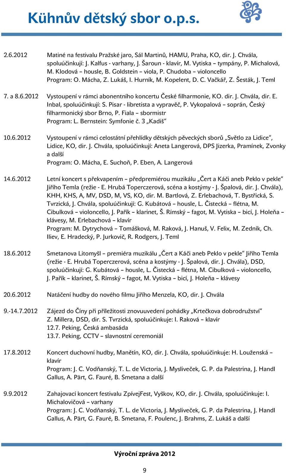 2012 Vystoupení v rámci abonentního koncertu České filharmonie, KO. dir. J. Chvála, dir. E. Inbal, spoluúčinkují: S. Pisar - libretista a vypravěč, P.