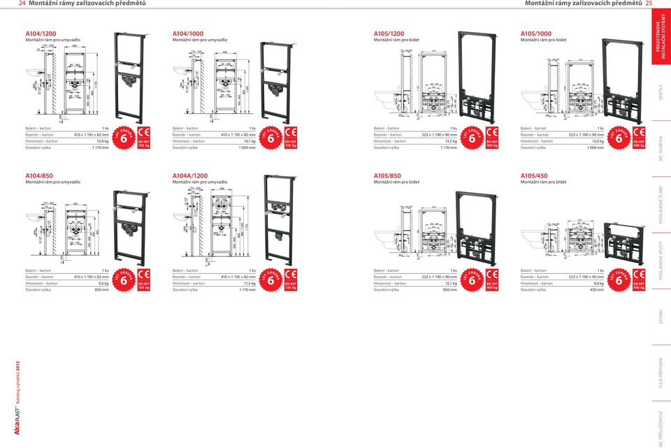 A104A/1200 Montážní rám pro umyvadlo Stavební výška 410 1 195 82 mm 10,1 kg 1 000 mm 410 1 195 82 mm 11,5 kg 1 170 mm 6 6 EN 997 150 kg EN 997 150 kg Stavební výška A105/850 Montážní rám pro bidet