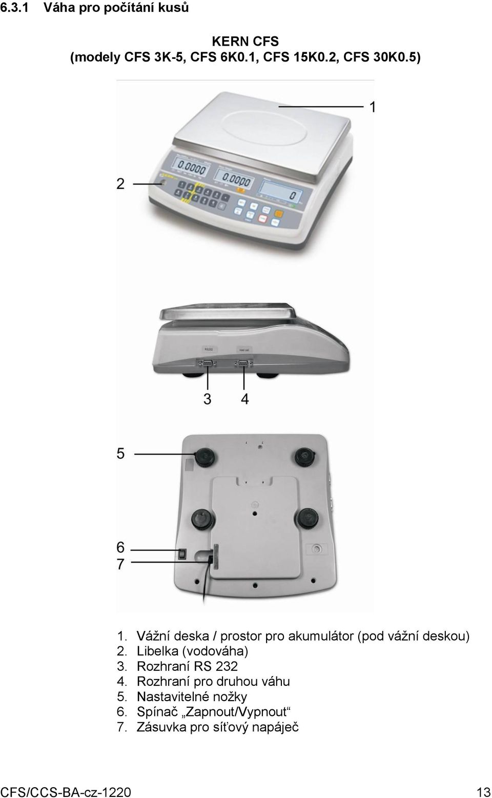 Libelka (vodováha) 3. Rozhraní RS 232 4. Rozhraní pro druhou váhu 5.