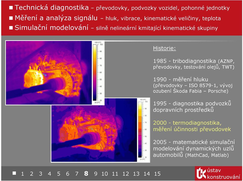 testování olejů, TWT) 1990 - měření hluku (převodovky ISO 8579-1, vývoj ozubení Škoda Fabia Porsche) 1995 - diagnostika podvozků