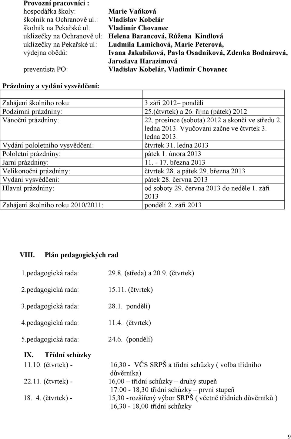 Ivana Jakubíková, Pavla Osadníková, Zdenka Bodnárová, Jaroslava Harazimová preventista PO: Vladislav Kobelár, Vladimír Chovanec Prázdniny a vydání vysvědčení: Zahájení školního roku: 3.